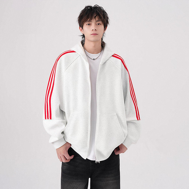 Striped Three-Stripe Open Front Hoodie Men's Spring and Autumn New Arriva  Casual Versatile Hooded Jacket Outerwear