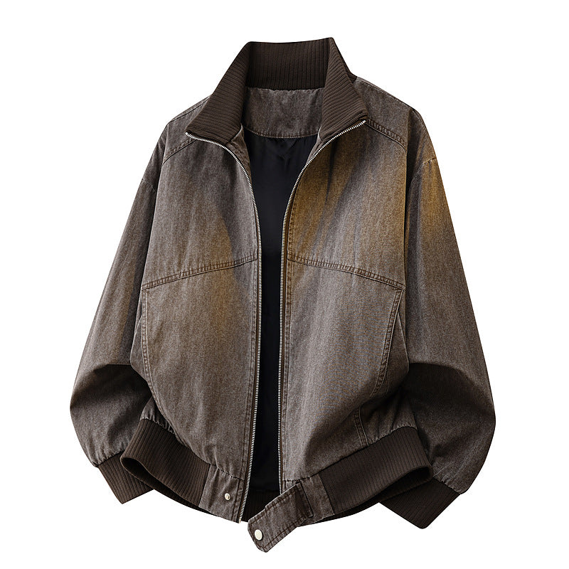 Men's Rugged Style Dark Blue Long Sleeve Zipper Stand Collar Regular Fit Jacket