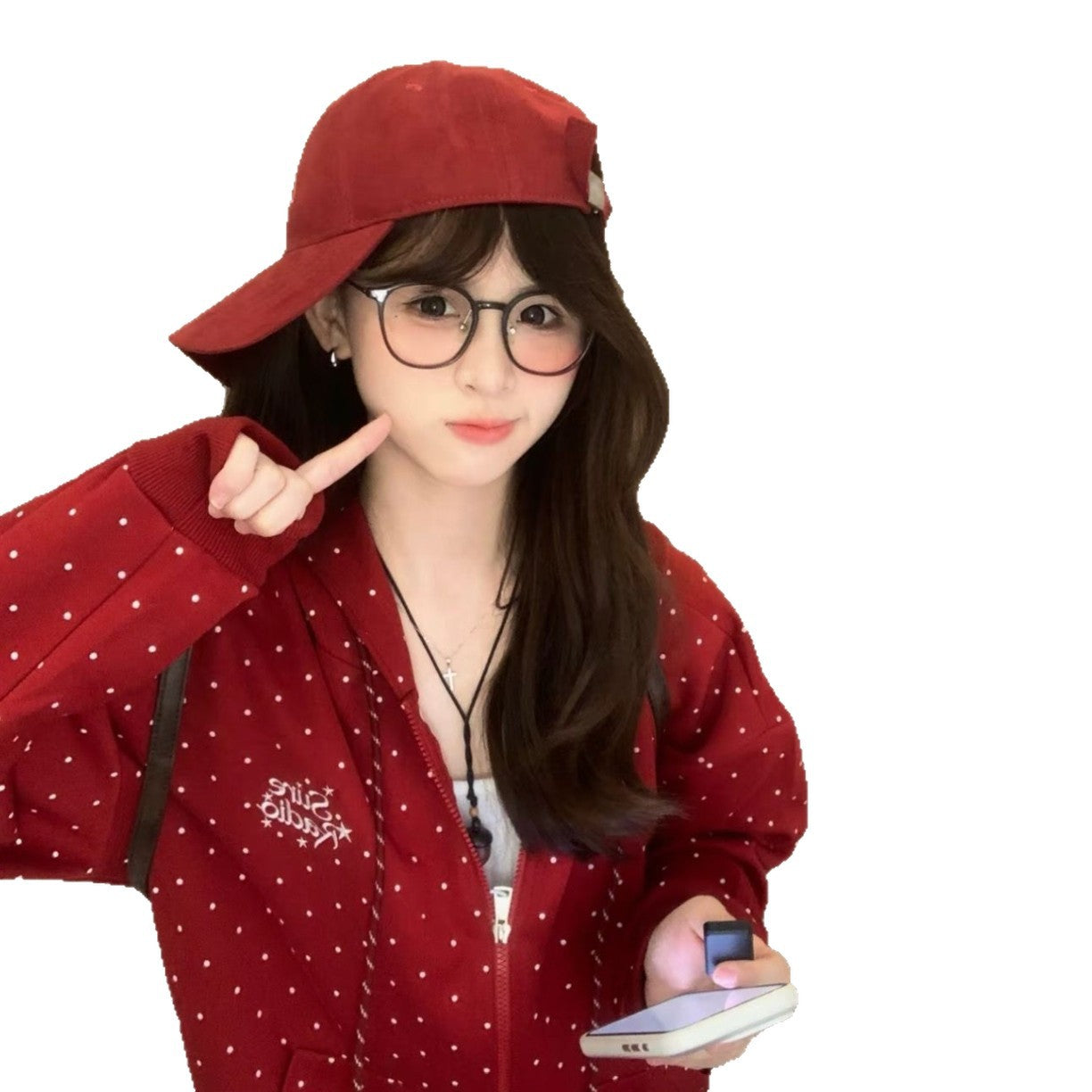 Casual Loose Zip-Up Hoodie with Red Polka Dots Long Sleeve for Girls