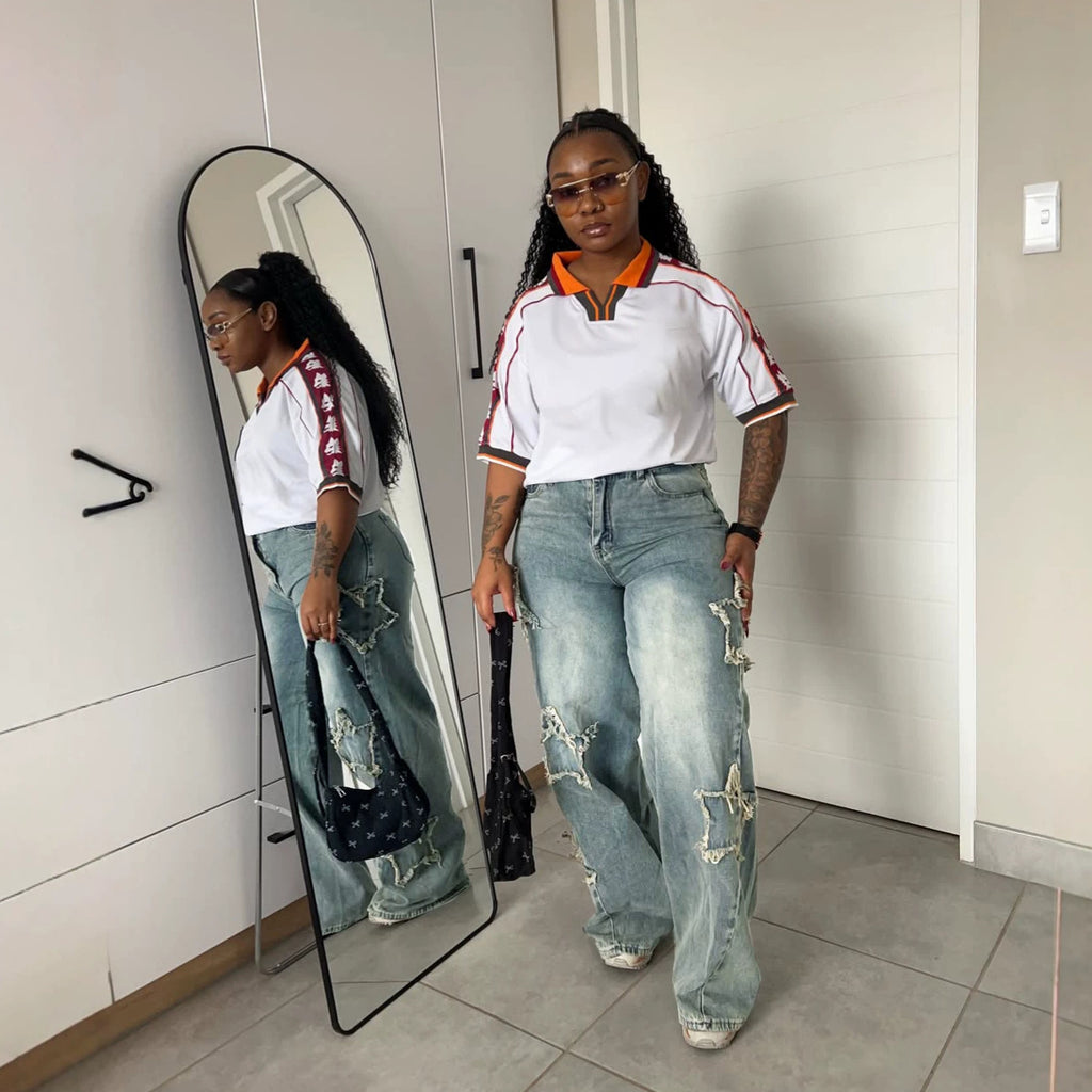 Street Style Heavy Washed Denim Jeans with Star Embroidery and Raw Hem Edges