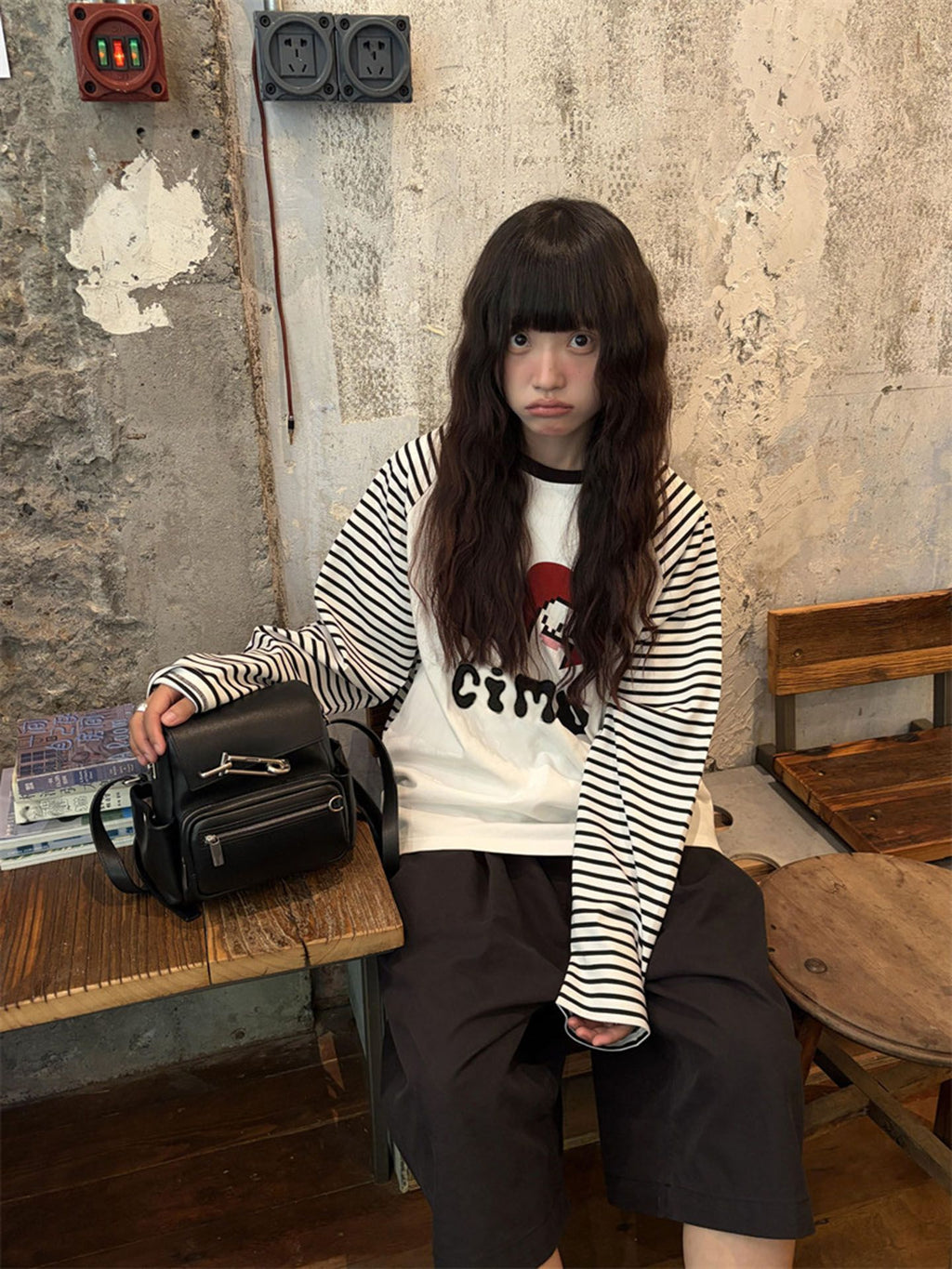 Black and White Stripe Letter Long Sleeve T-Shirt for Women