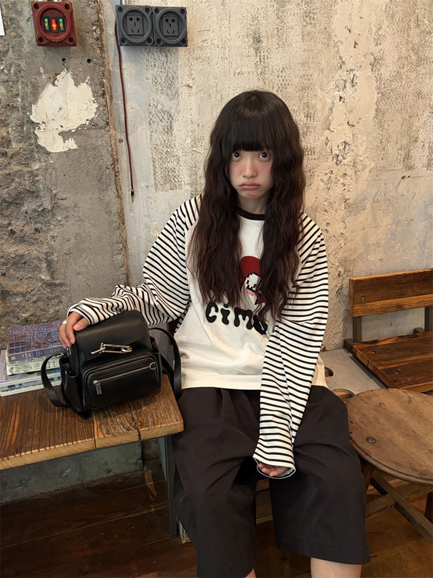 Black and White Stripe Letter Long Sleeve T-Shirt for Women