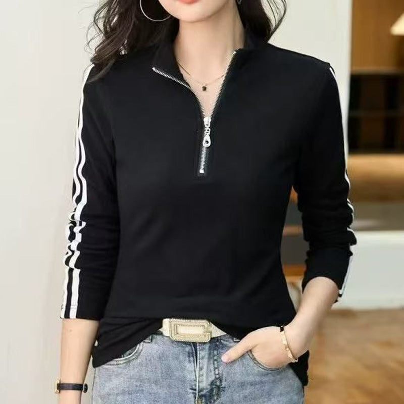 Double-Sided Velvet High Neck Zip-Up Long Sleeve T-Shirt for Women, Inner Layer or Outerwear Top