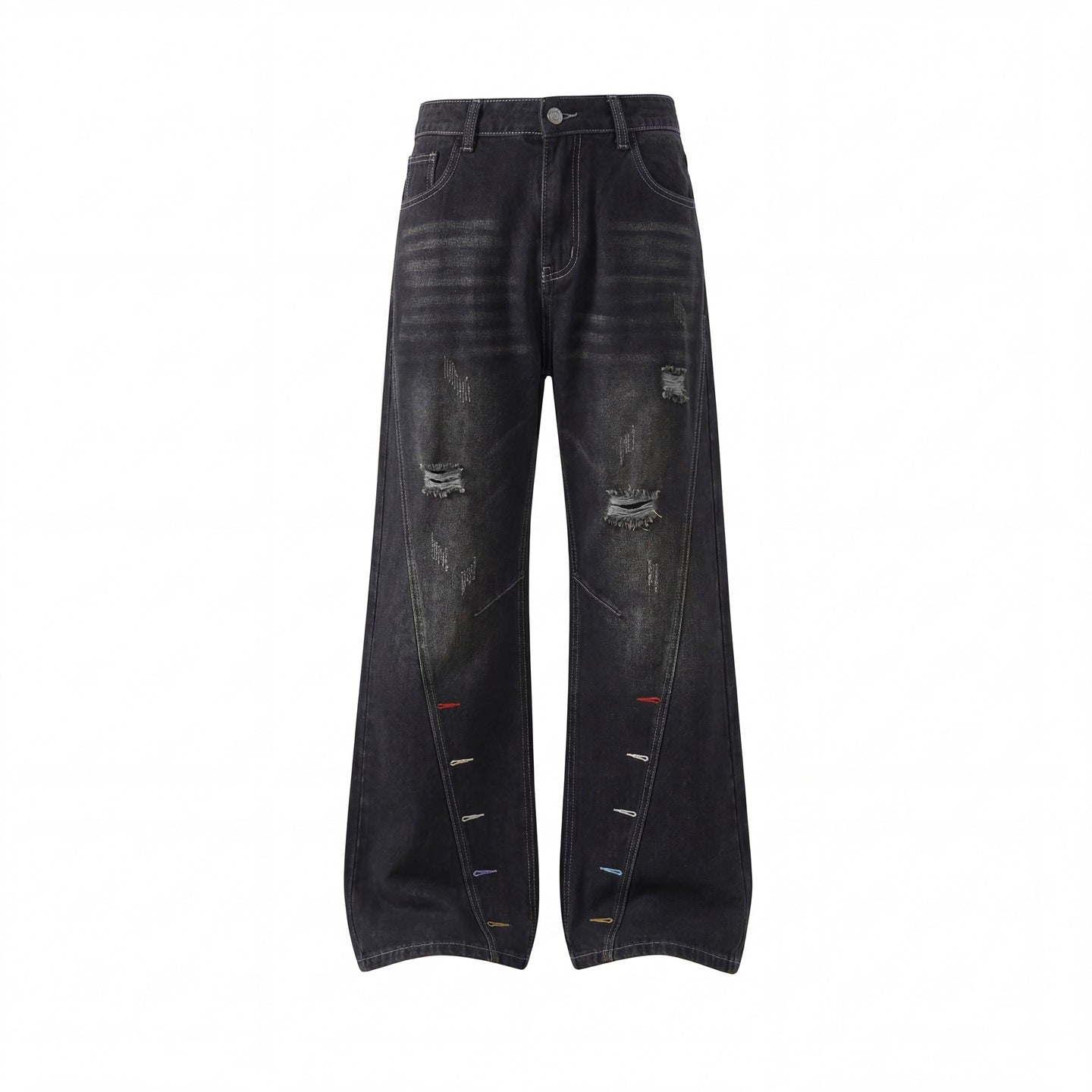 Colorful Buttonhole Diagonal Cut Jeans Men's Pants