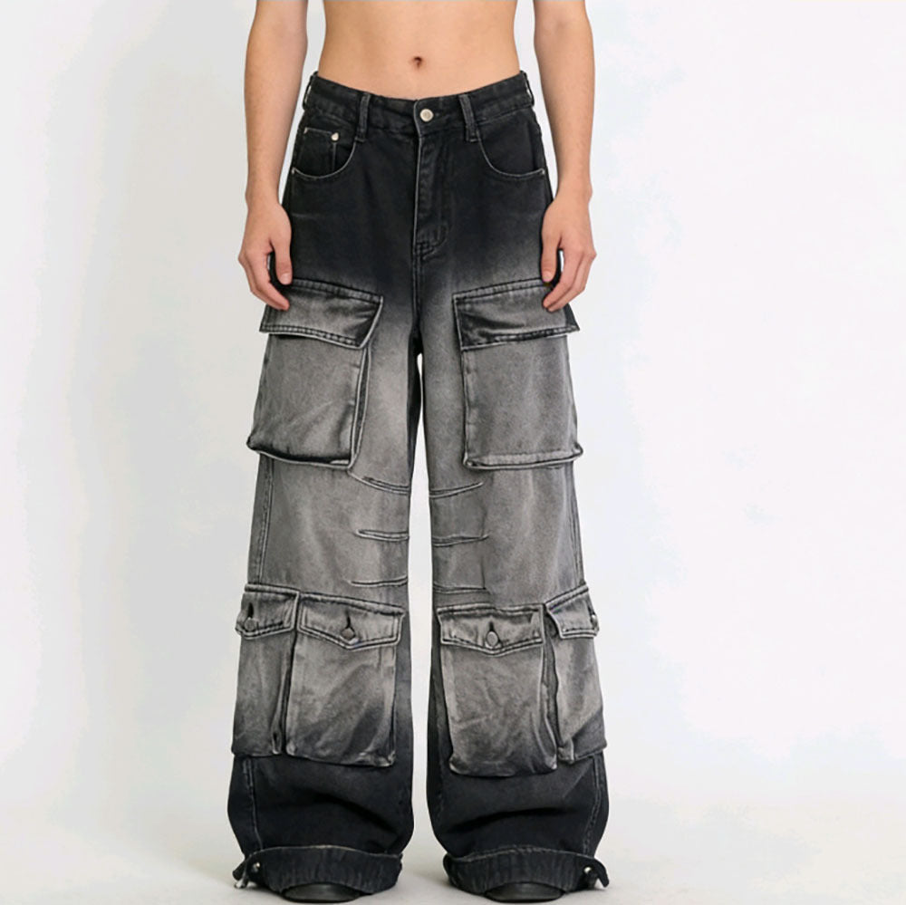 Women's Denim Cargo Pants Street Fashion Gradient Color Multi-Pocket Straight Leg Pants