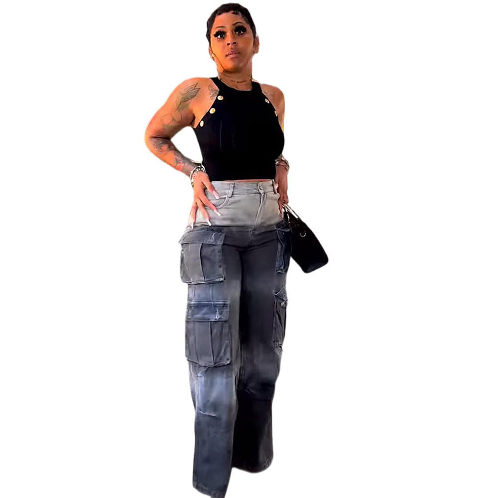 Jeans for women, high-waisted wide-leg pants with multiple pockets and gradient color