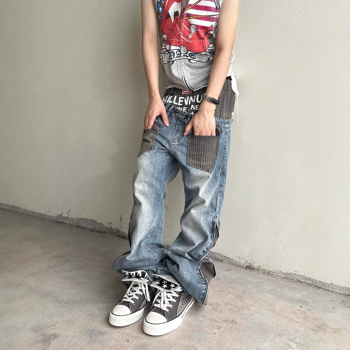 Fashion Street Dual-Pocket Color-Blocking Letter Design Men's Loose Baggy Straight-Leg Jeans Pants