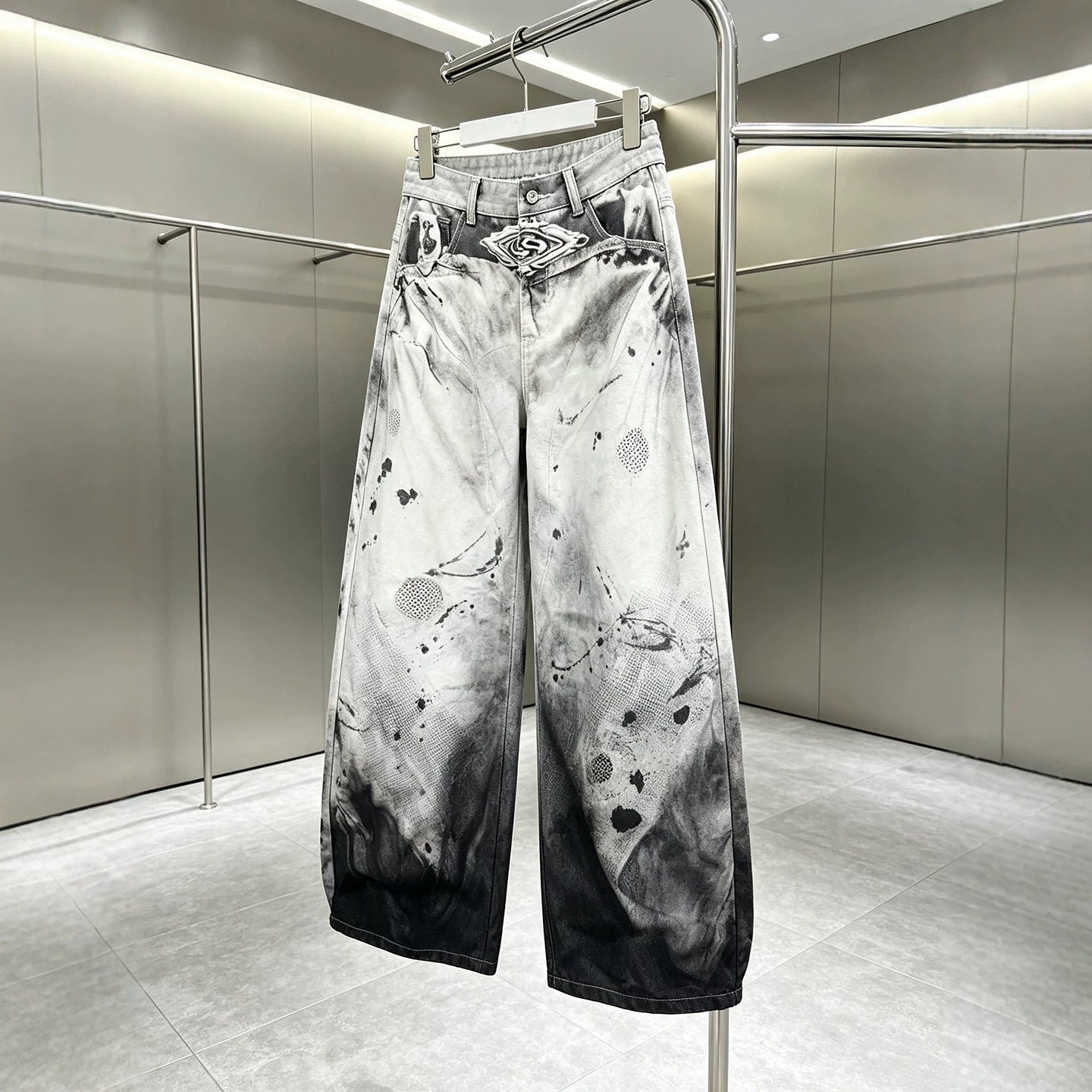 Street Style Splatter Effect Curved Knife Jeans Men's Loose Ink-Wash Wide-Leg Casual Long Pants