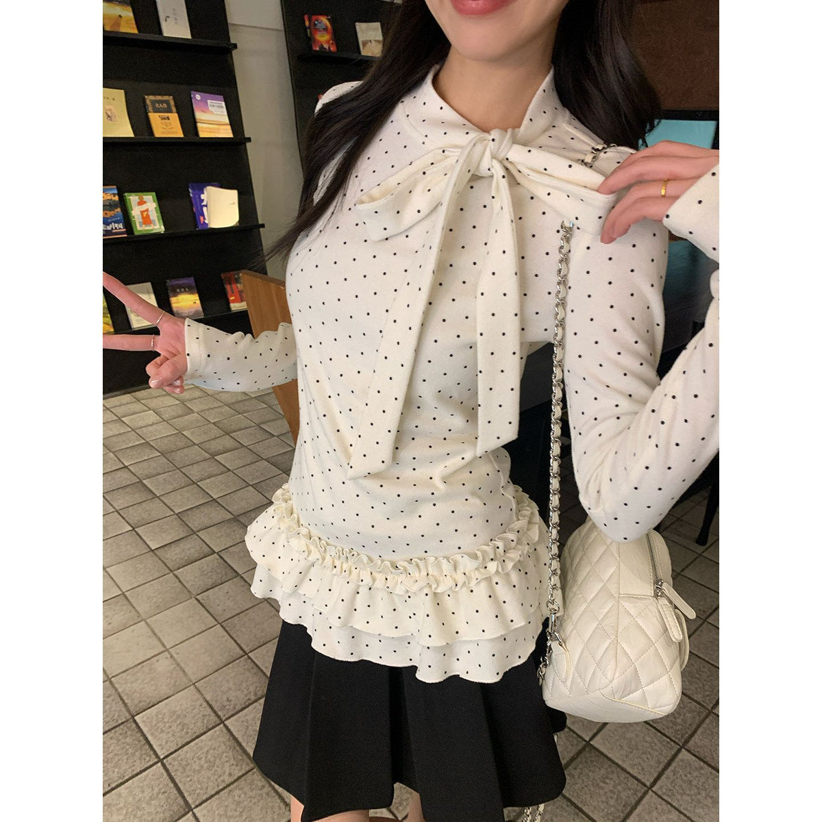 Chiffon Polka Dot Tie-Front Ruffle Inner Top for Women