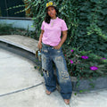 Street Style Ripped Distressed Painted Washed Denim Pants