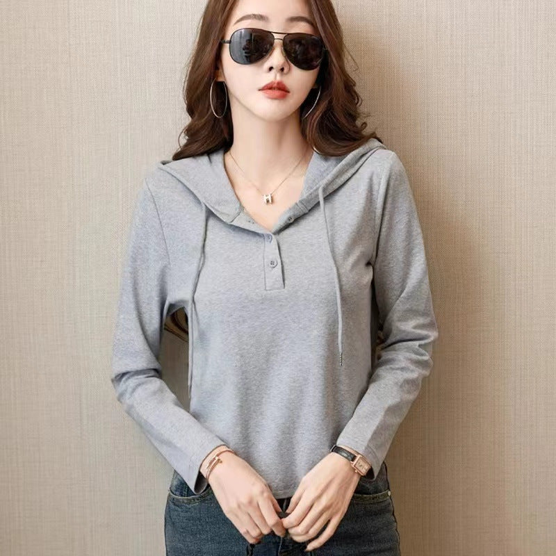 Hooded Long Sleeve Lightweight T-Shirt for Women, Fashionable Minimalist Solid Color Inner Layer Top