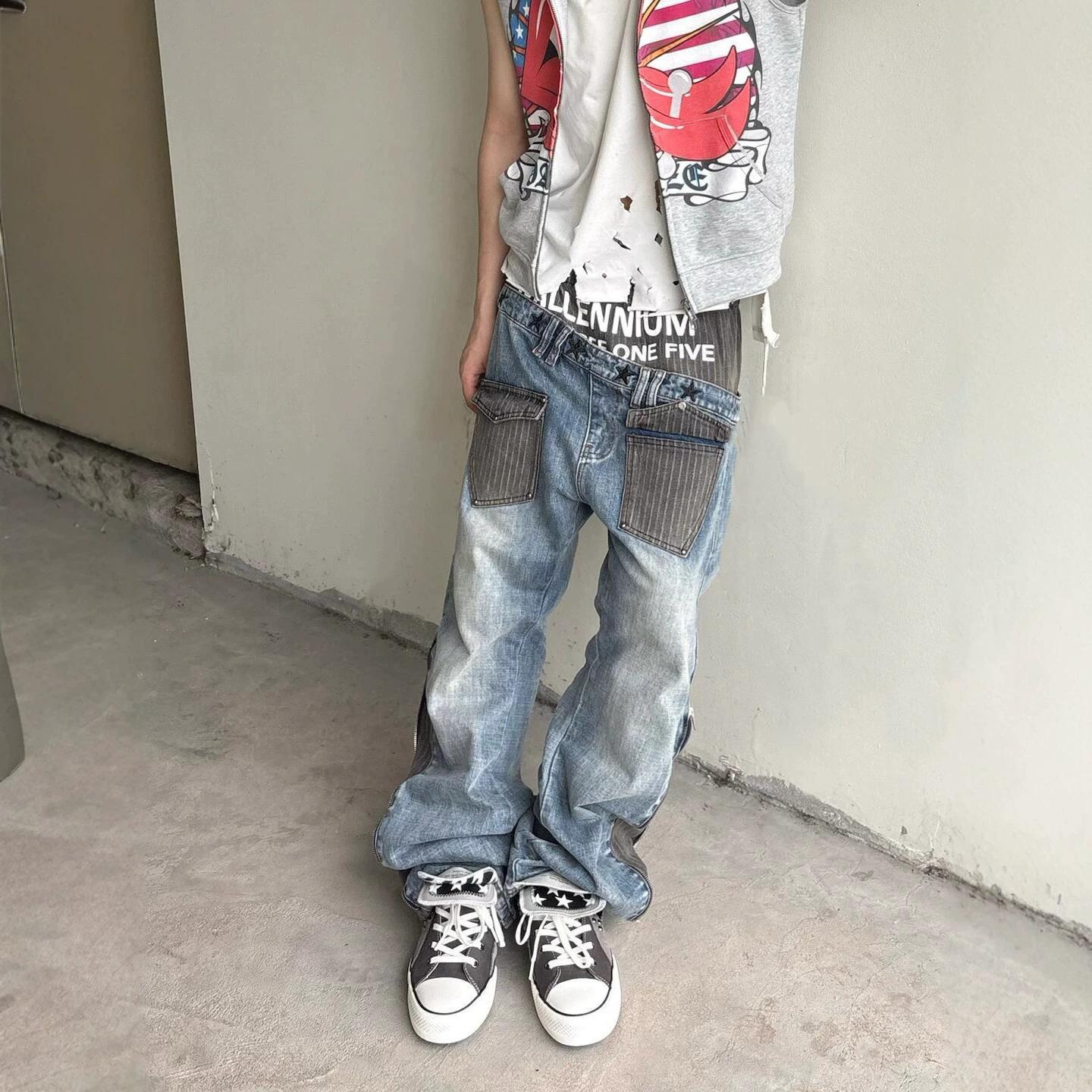 Fashion Street Dual-Pocket Color-Blocking Letter Design Men's Loose Baggy Straight-Leg Jeans Pants