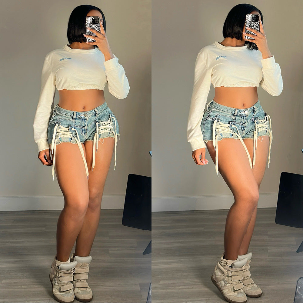 High Waist Denim Shorts for Women, Street Style Fashion, Casual Drawstring Shorts