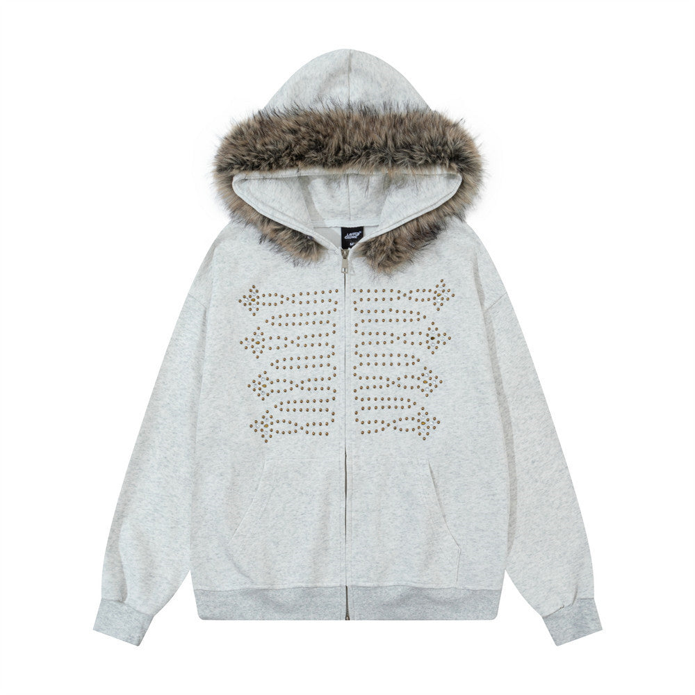 Woolen collar hooded cardigan sweatshirt
