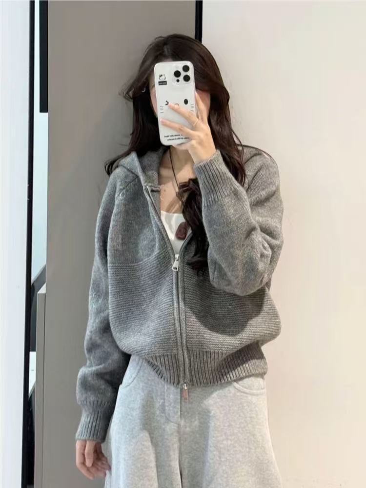 Casual Wavy Pattern Double Zipper Hooded Knit Cardigan for Women,Sweater Top