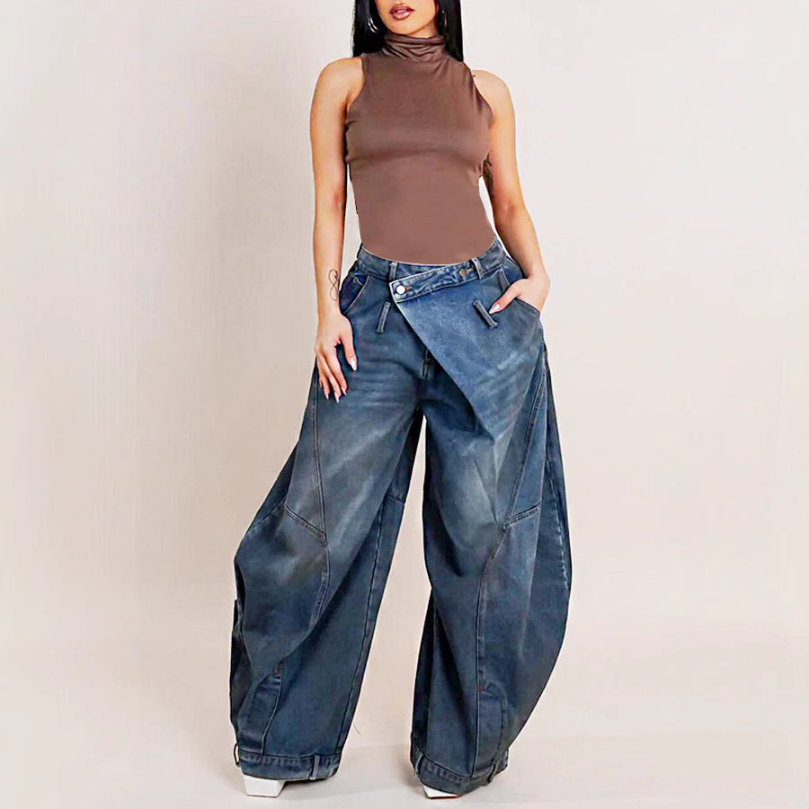 Retro Distressed Washed Reversed Waist Women's Jeans