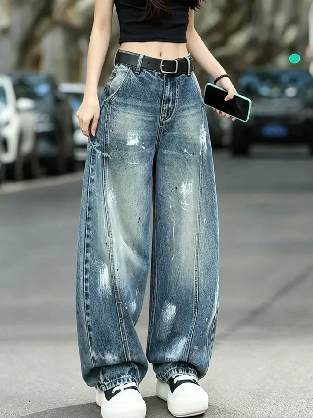 Graffiti Print Knife-Edge Denim Pants Women High Waist Slimming Design Loose Wide Leg Long Pants