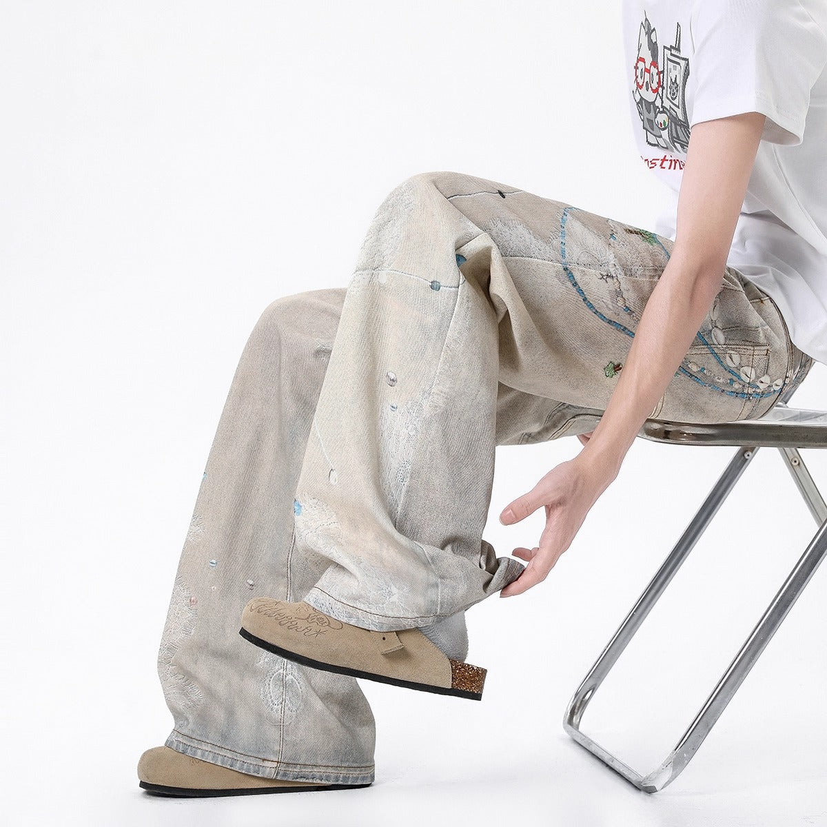 Chains Lace Print Denim Pants Men Summer Splatter Design Distressed Straight Leg Slim Fit Versatile Wide Leg Floor Length Trousers