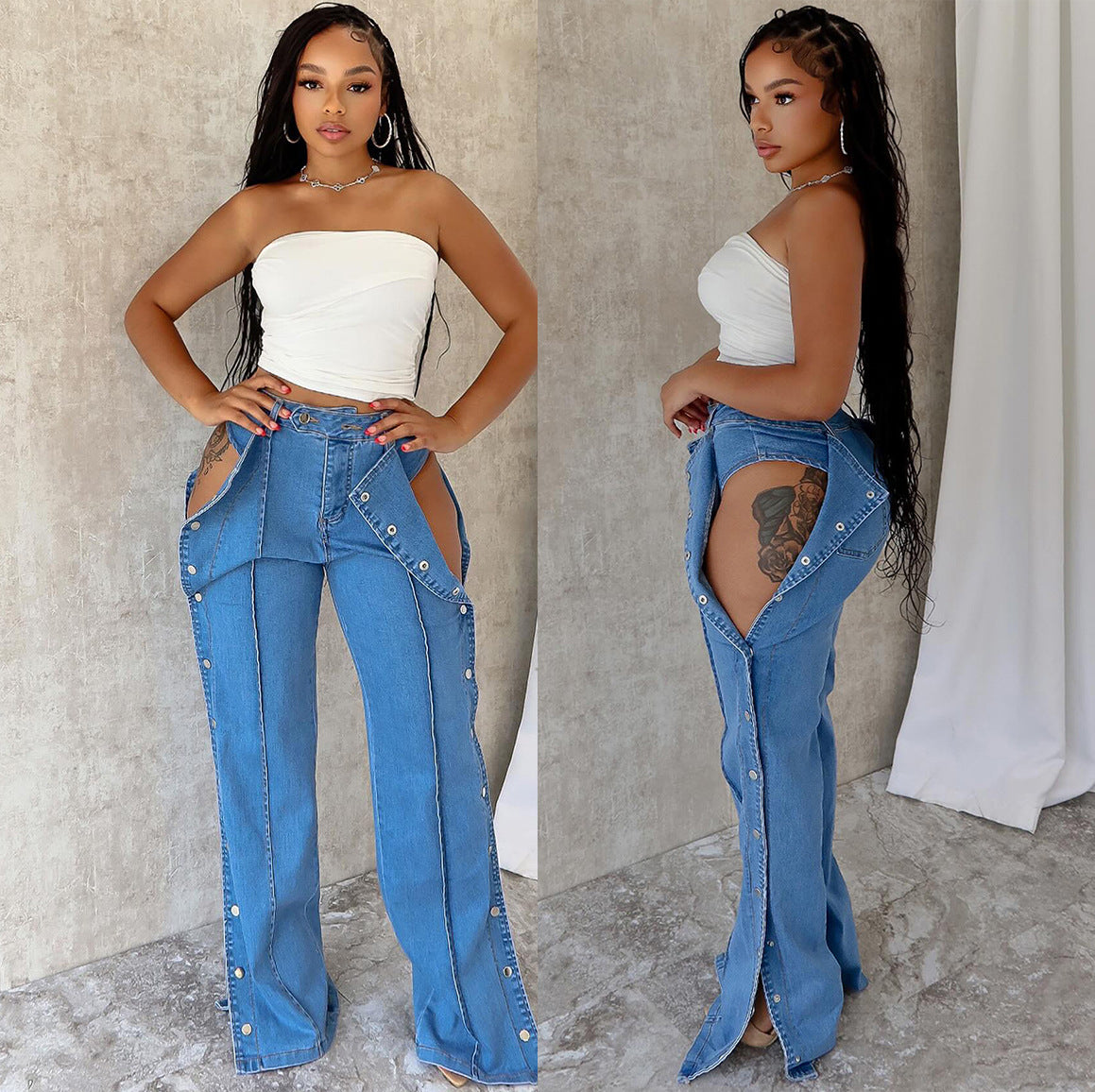 Style High-Waist Jeans Women's Fashion Streetwear Double-Side Button Closure Casual Long Pants