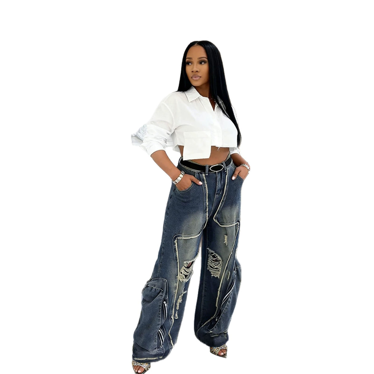 Streetwear Deconstructed Ripped Large Pocket Cargo Jeans
