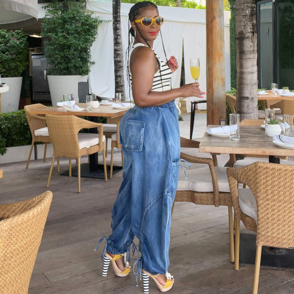 Casual Loose Denim Pants for Women Street Style Drawstring Elastic Waist Harlan Pants