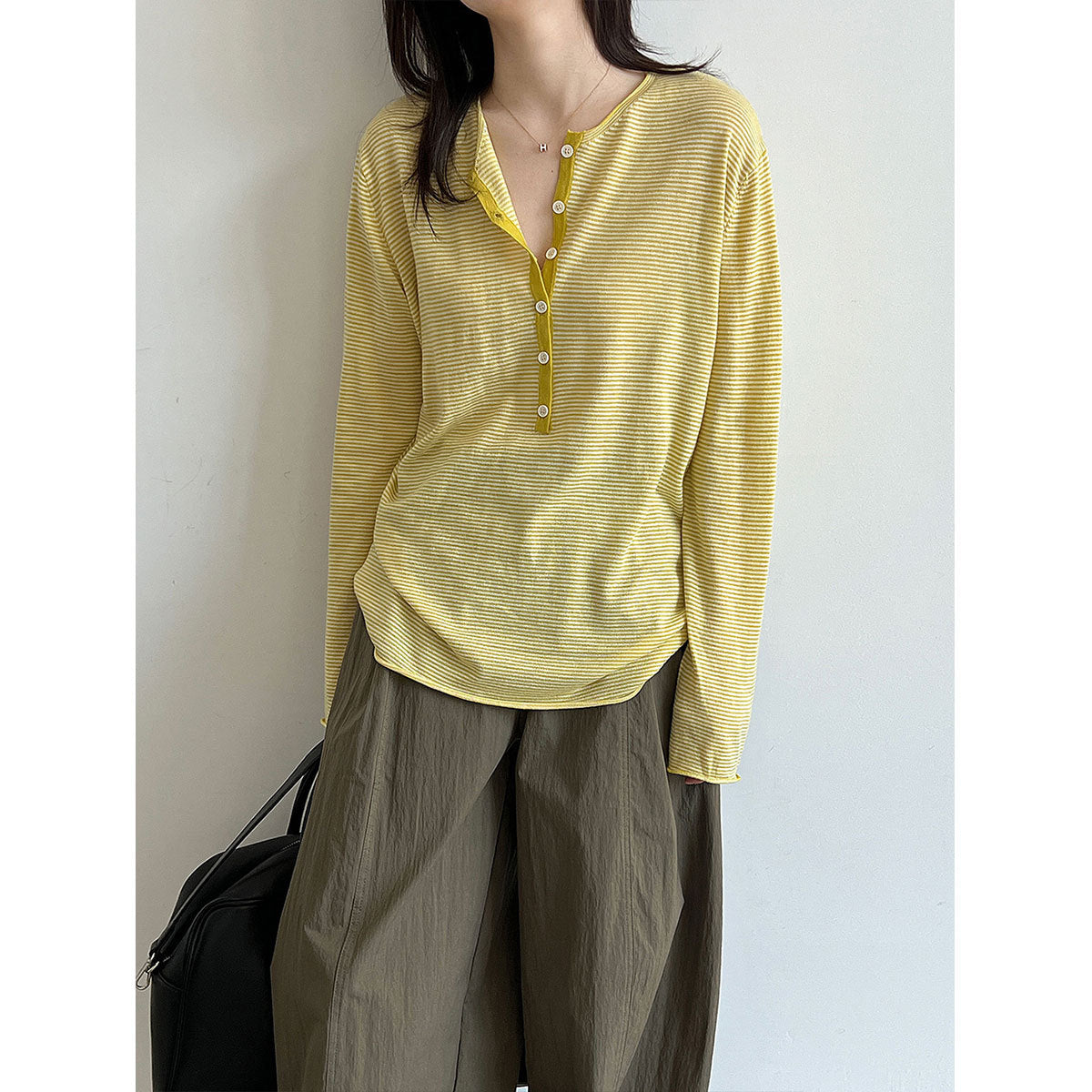 Loose Casual Color-block Striped Henley Neck Knit Top Women Long Sleeve T-Shirt