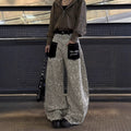 Patch Pocket Vintage Denim Pants Leopard Print Loose Street Wide Leg Knife Cut Casual Long Pants