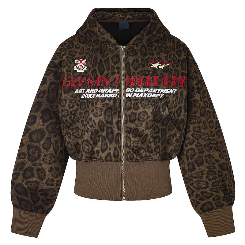 Retro leopard print waist cinched hooded cardigan