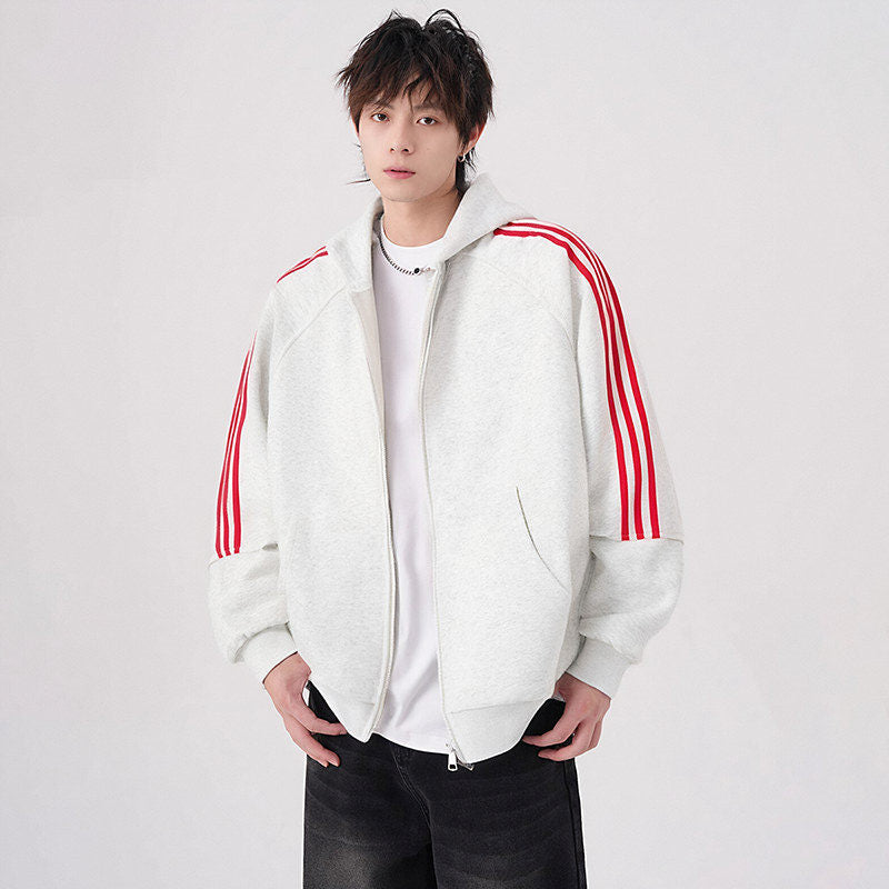 Striped Three-Stripe Open Front Hoodie Men's Spring and Autumn New Arriva  Casual Versatile Hooded Jacket Outerwear