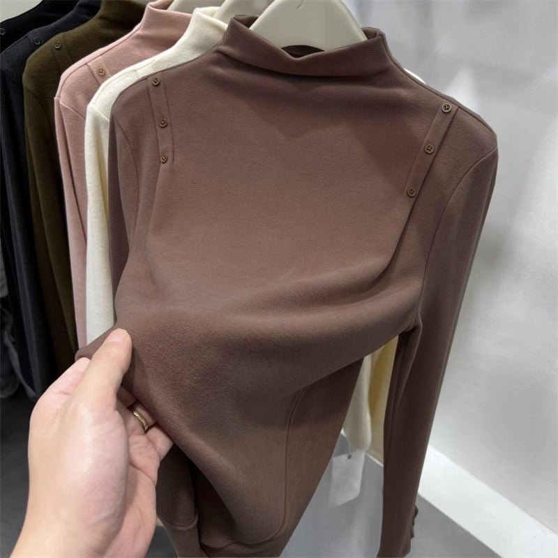 Double-Sided Velvet Half-High Neck Long Sleeve Base Layer Shirt for Women, Fashionable and Versatile Long Sleeve Inner Wear