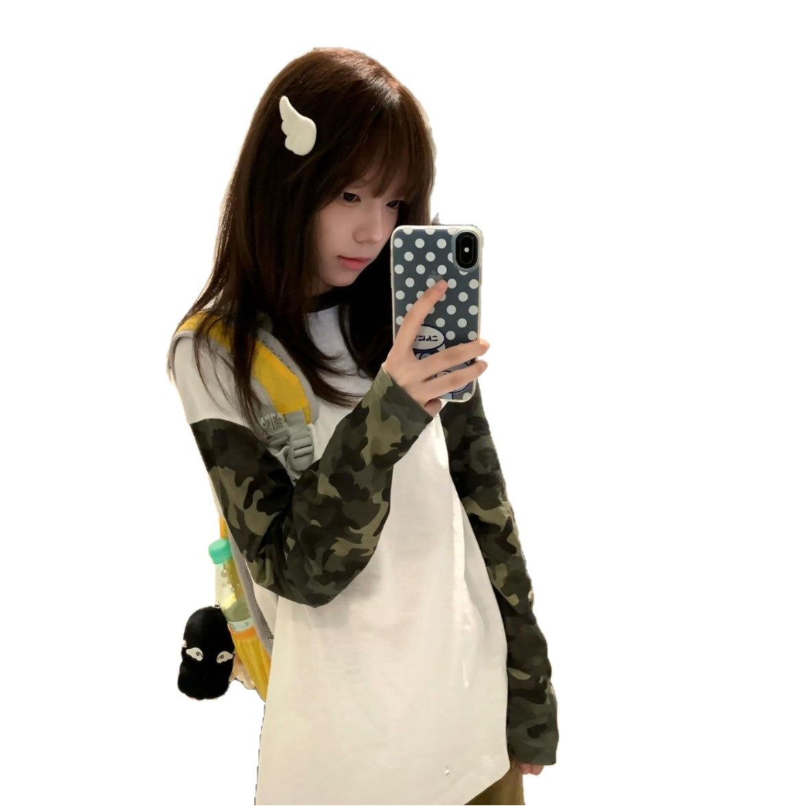 Retro Camouflage Patchwork Color-Blocked Asymmetrical Shoulder Loose Long Sleeve Top