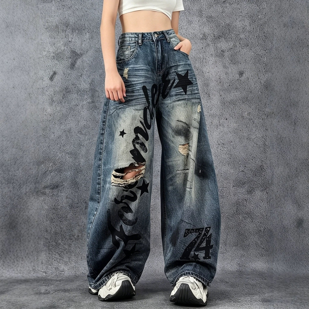Streetwear Retro Distressed Ripped Wide-Leg Denim Long Pants for Women High-Waisted Slim-Fitting Floor-Length Trousers Summer Letter Knife-Edge Jeans