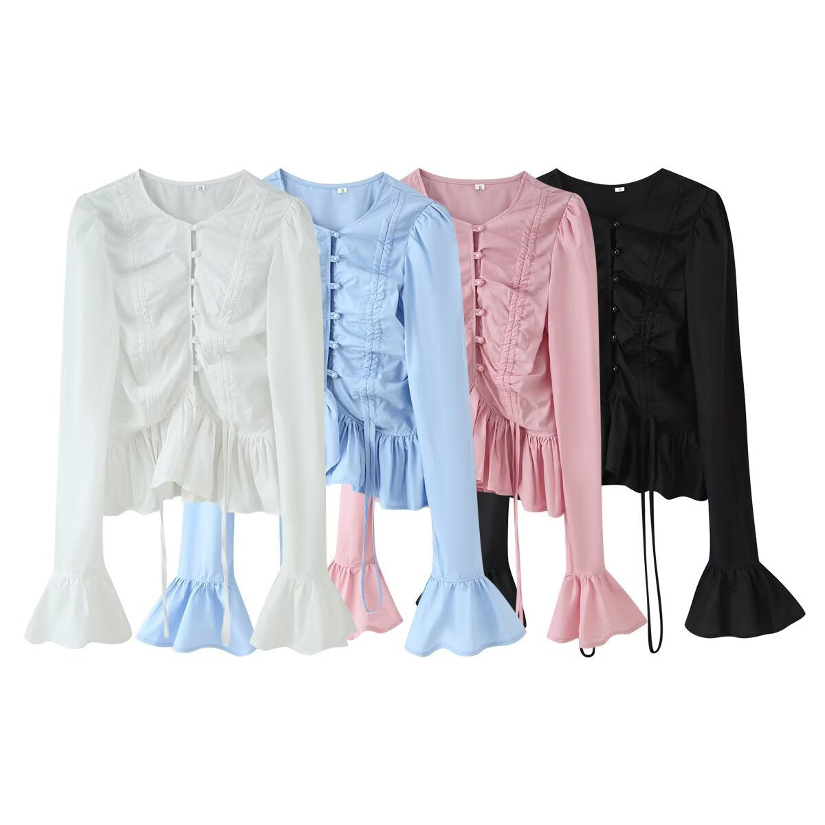 Lace up drawstring embellished trumpet long sleeved top