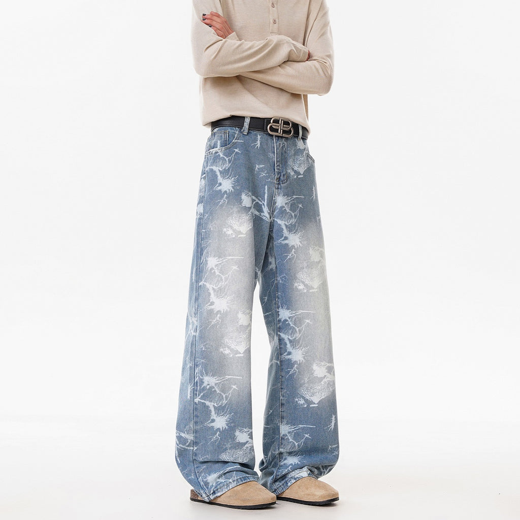 Deep Blue Denim Pants Men's Streetwear Style Flared Knife Cut Trousers