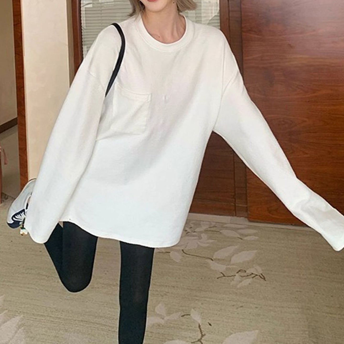 Pocket Knitted Long Sleeve T-Shirt for Women, Loose Fit, Slimming Inner Layer Top, Fashionable Long Sleeve Shirt