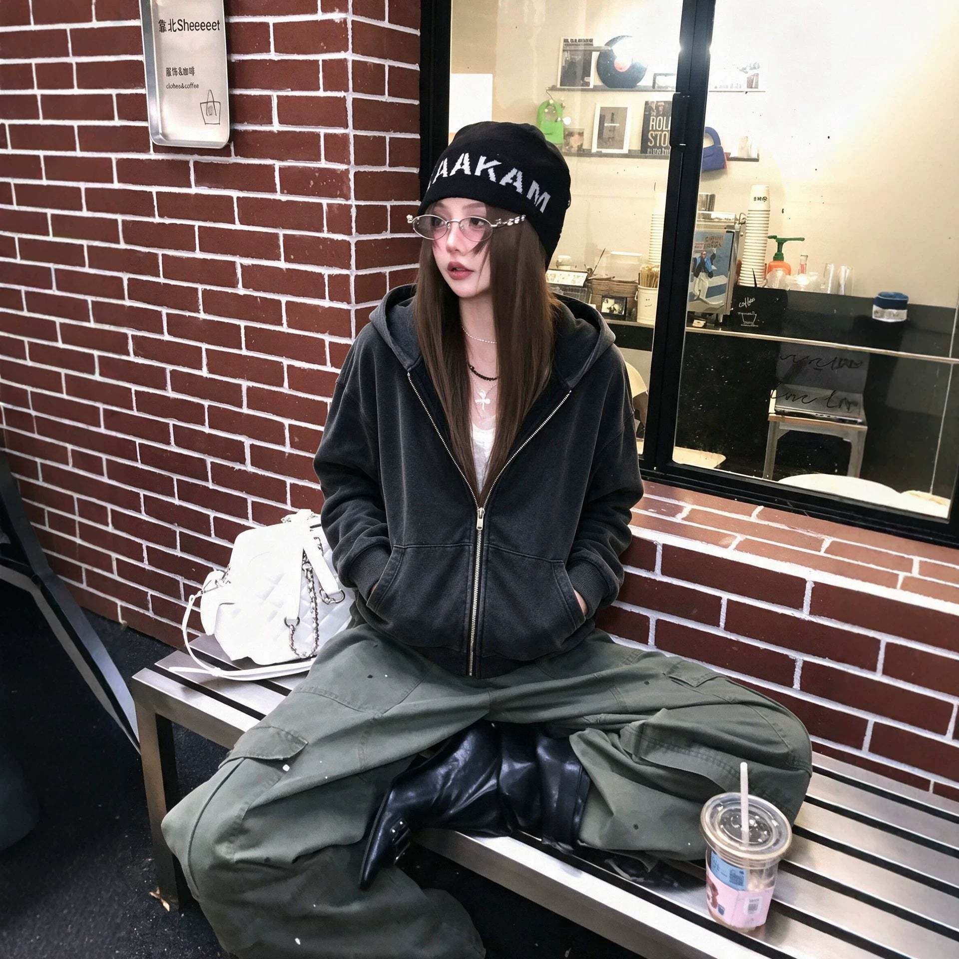 Washed Distressed Black Hooded Sweatshirt Jacket for Women