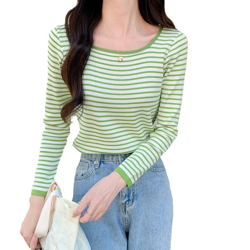 Knitted Long Sleeve T-Shirt for Women, Early Autumn New Style, Off-Shoulder Striped Design, Fashionable Top