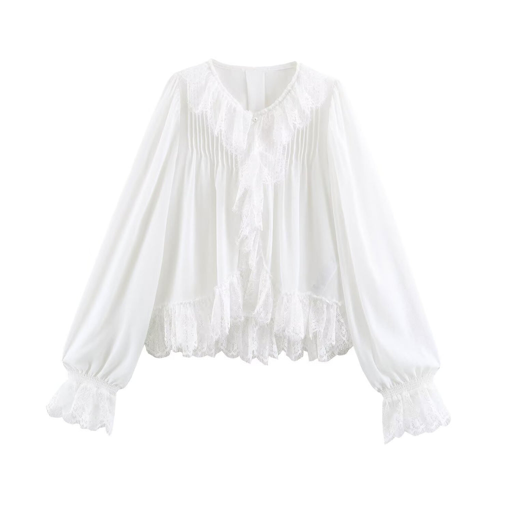 Lace pearl button lace long sleeved shirt