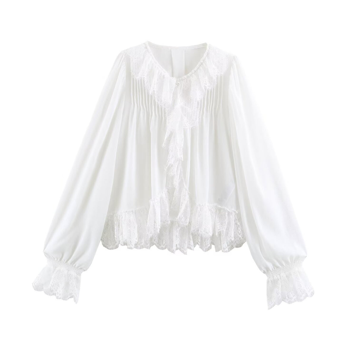 Lace pearl button lace long sleeved shirt