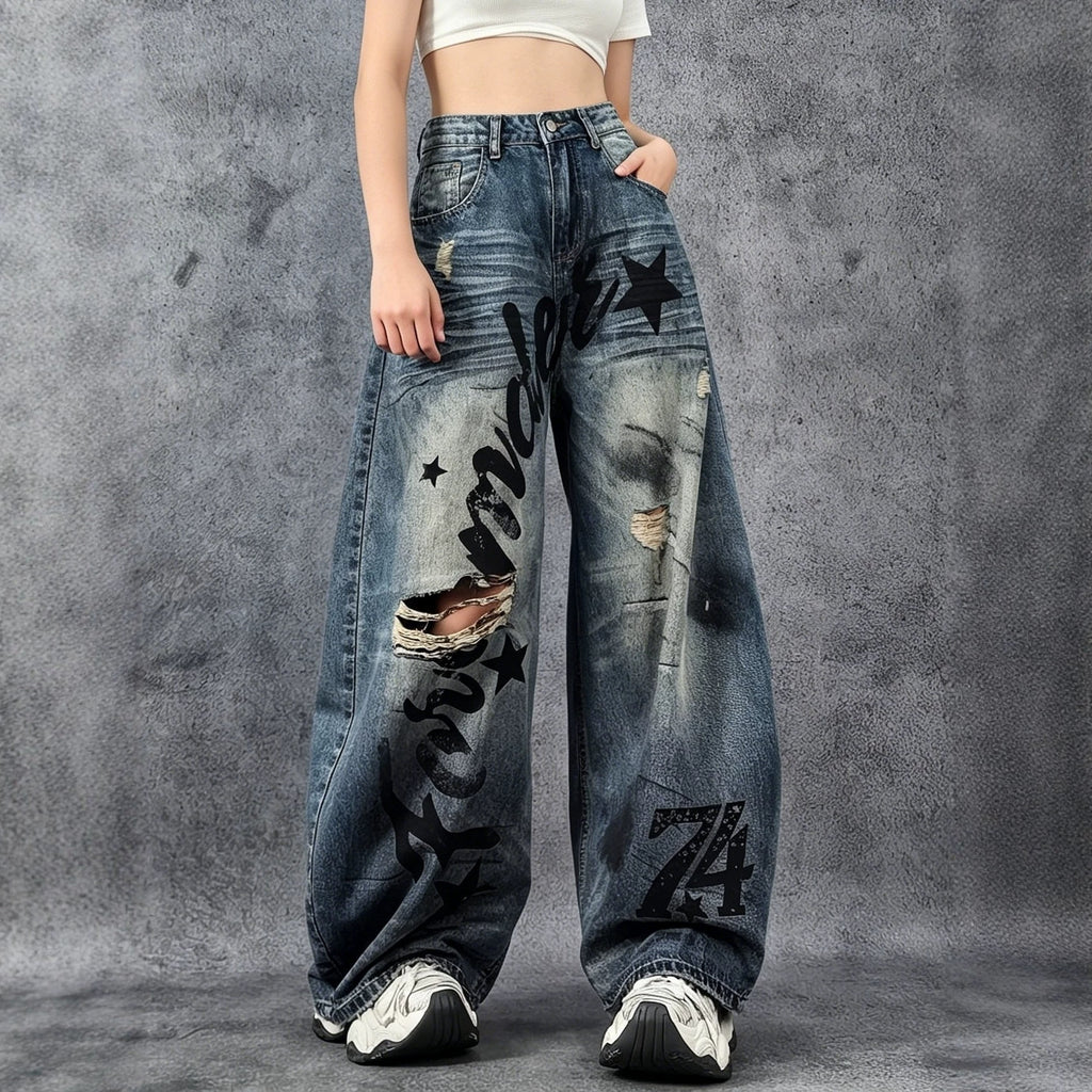 Streetwear Retro Distressed Ripped Wide-Leg Denim Long Pants for Women High-Waisted Slim-Fitting Floor-Length Trousers Summer Letter Knife-Edge Jeans