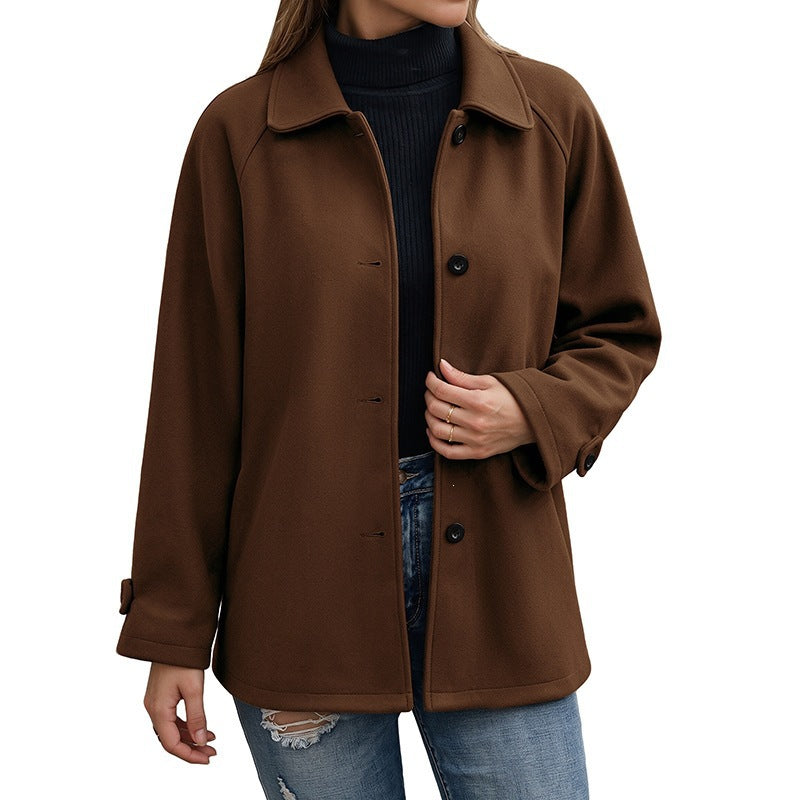 Solid color lapel buckle mid length jacket for women