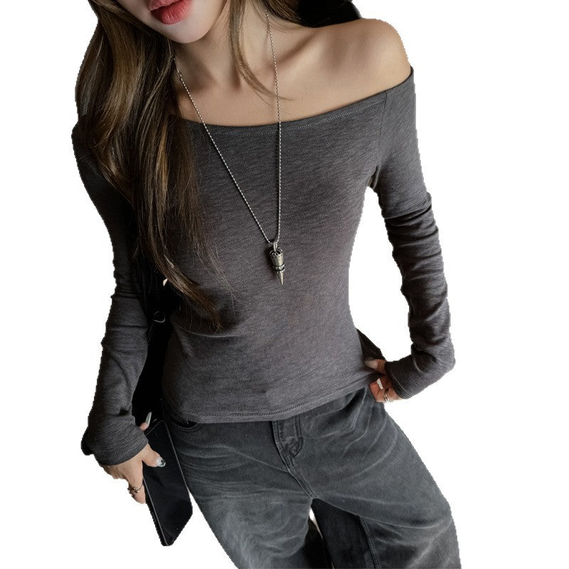 Chic Long Sleeve Crop Top for Women, Off-Shoulder Asymmetric Design, Sexy and Sultry Inner Wear or Outerwear, Regular Shoulder T-Shirt Top