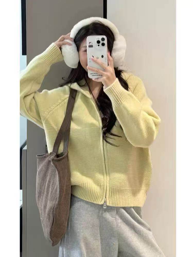 Casual Wavy Pattern Double Zipper Hooded Knit Cardigan for Women,Sweater Top