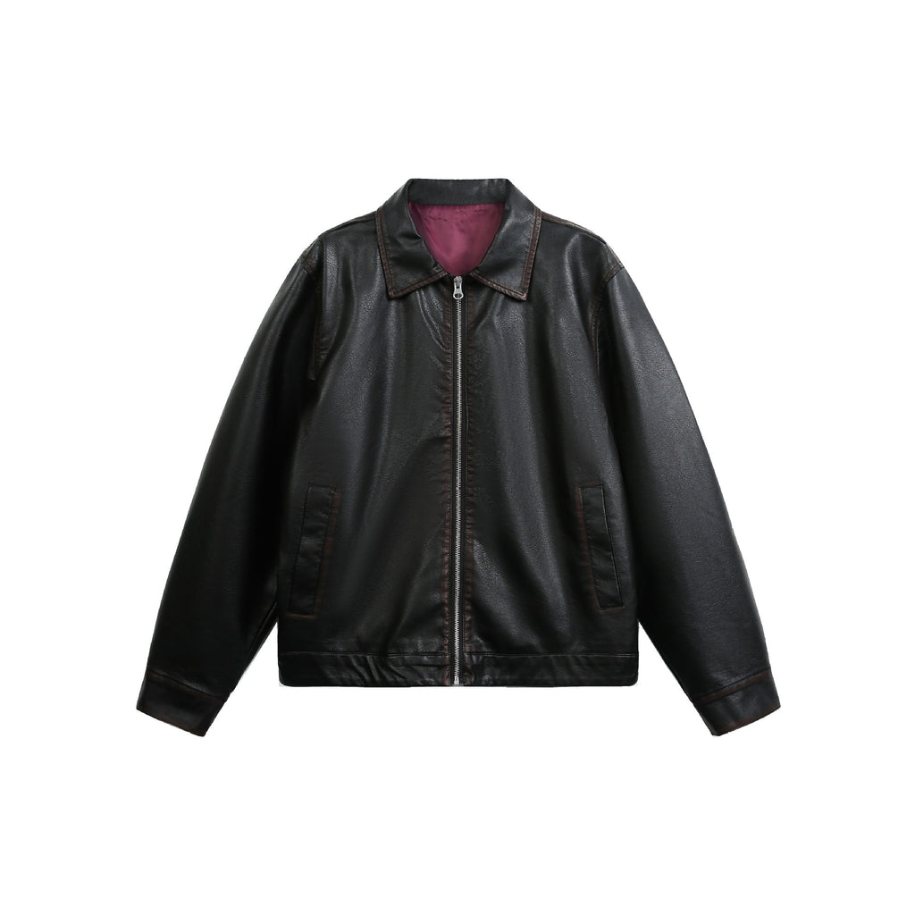 Distressed PU Leather Jacket  Loose Fit Short Biker Jacket
