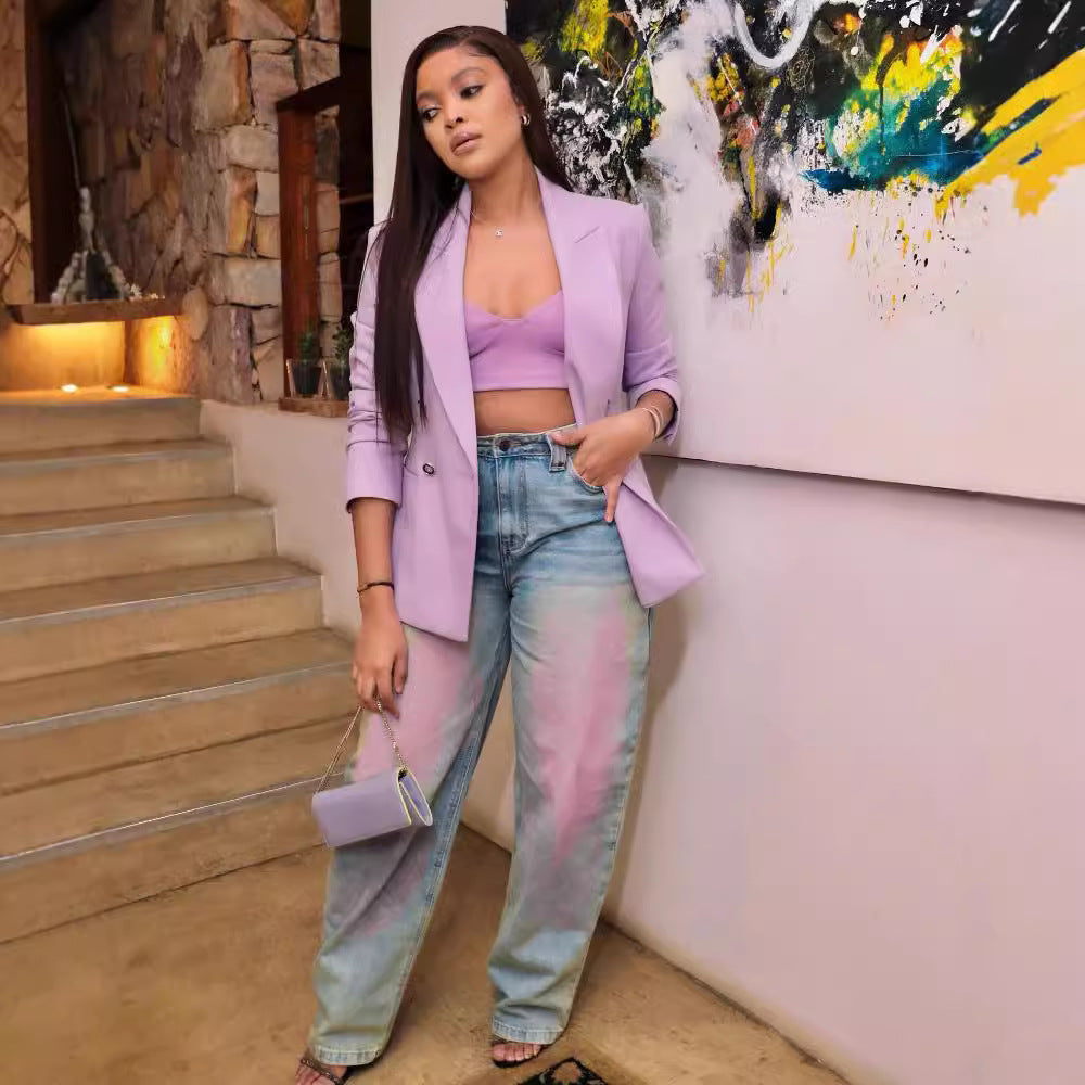 Fashion Trendy Washed Denim Straight Leg Jeans