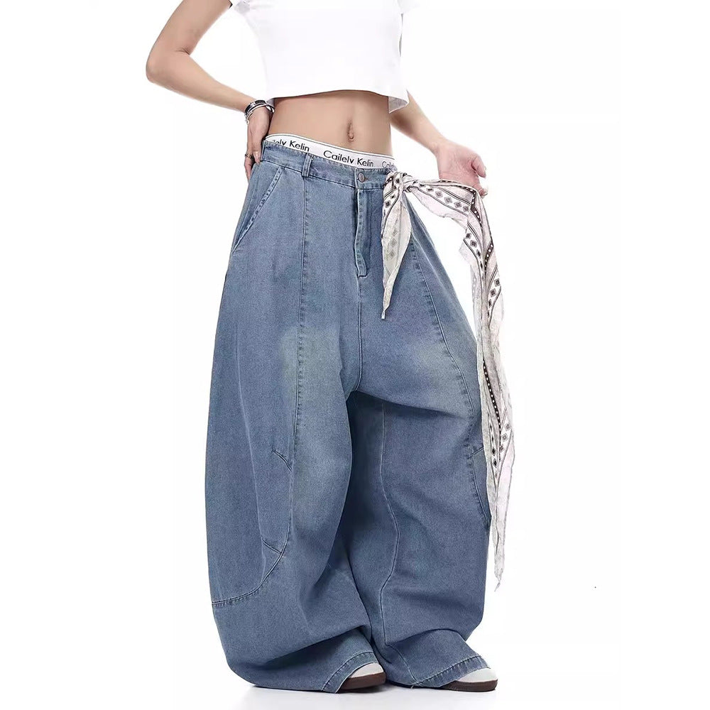 Vintage Scarf Deconstructed Oversized Blade Denim Pants for Men Jazz Dance Wide Leg Floor-Length Banana Trousers