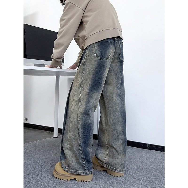 Casual Straight Leg Jeans for Men Heavyweight Washed Vintage Denim Pants