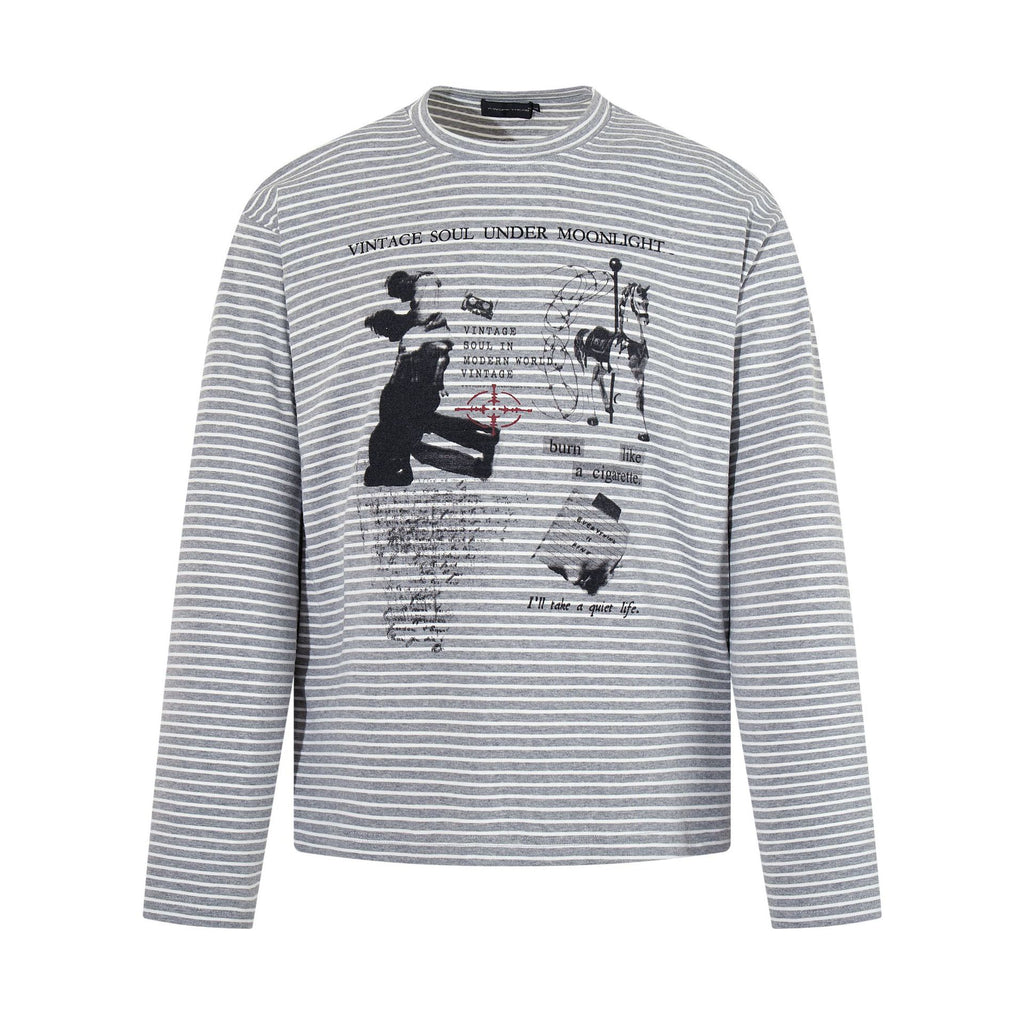 Retro portrait printed striped long sleeved T-shirt