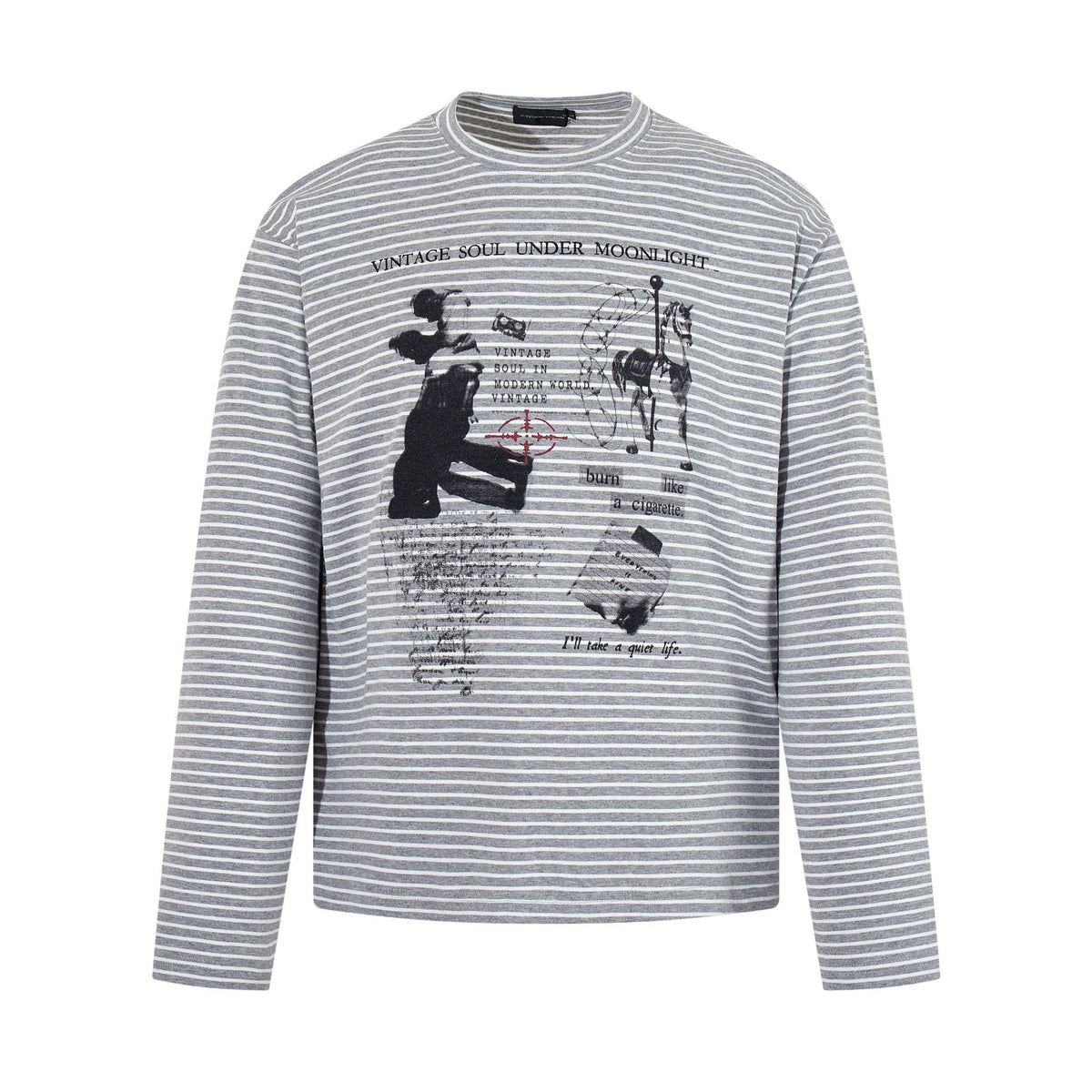 Retro portrait printed striped long sleeved T-shirt