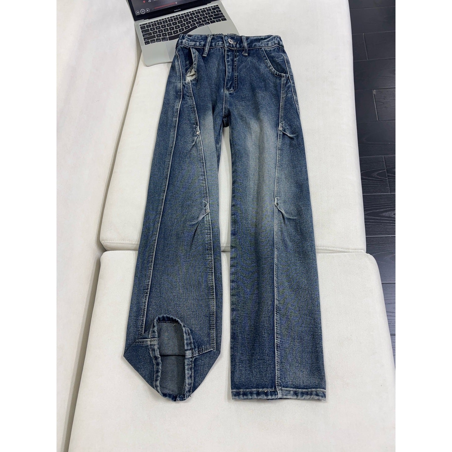 Lightning Pattern Washed Denim Pants Men Straight Leg Pants